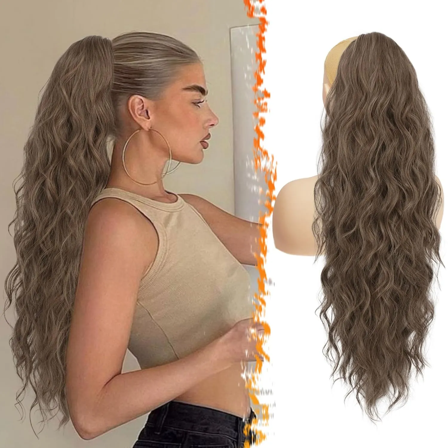 BARSDAR Curly Wavy Drawstring Ponytail Extensions - 26 Inch Long Wavy Brown Ponytail Hair Extensions for Women, Synthetic Clip in Ponytails Hairpieces - Ash Brown Mixed