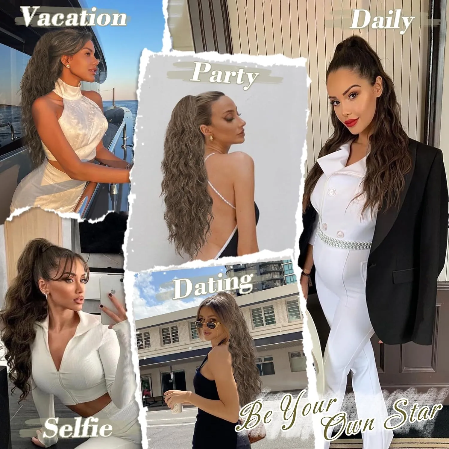 BARSDAR Curly Wavy Drawstring Ponytail Extensions - 26 Inch Long Wavy Brown Ponytail Hair Extensions for Women, Synthetic Clip in Ponytails Hairpieces - Ash Brown Mixed