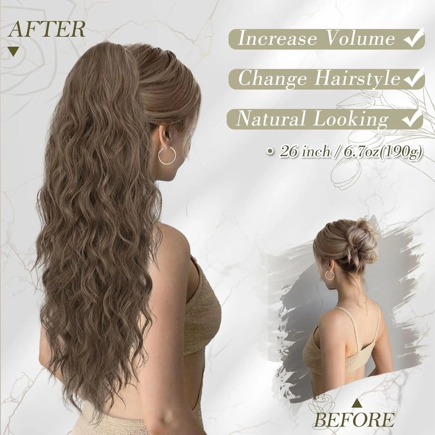 BARSDAR Curly Wavy Drawstring Ponytail Extensions - 26 Inch Long Wavy Brown Ponytail Hair Extensions for Women, Synthetic Clip in Ponytails Hairpieces - Ash Brown Mixed