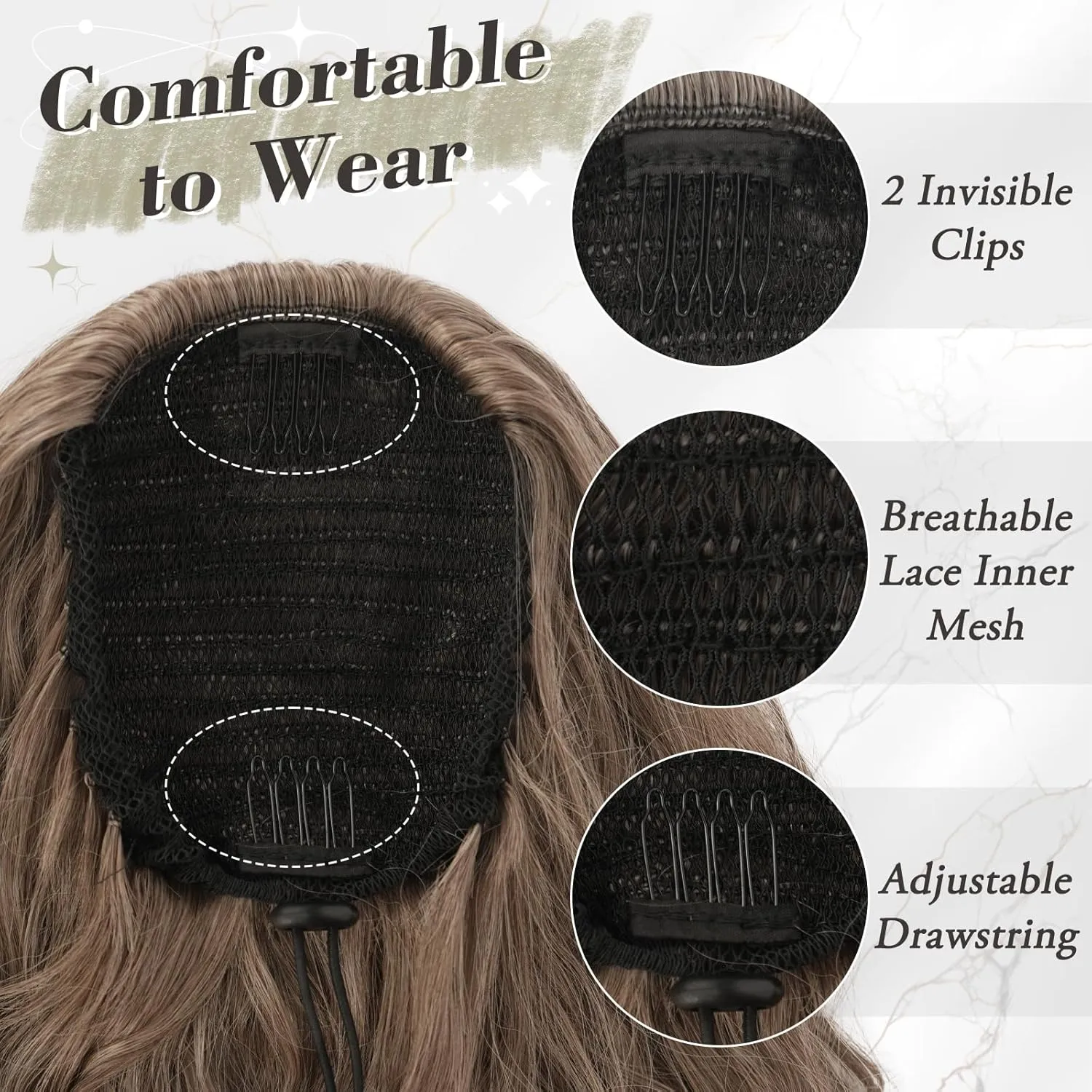 BARSDAR Curly Wavy Drawstring Ponytail Extensions - 26 Inch Long Wavy Brown Ponytail Hair Extensions for Women, Synthetic Clip in Ponytails Hairpieces - Ash Brown Mixed