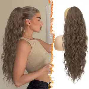 BARSDAR Curly Wavy Drawstring Ponytail Extensions - 26 Inch Long Wavy Brown Ponytail Hair Extensions for Women, Synthetic Clip in Ponytails Hairpieces - Ash Brown Mixed