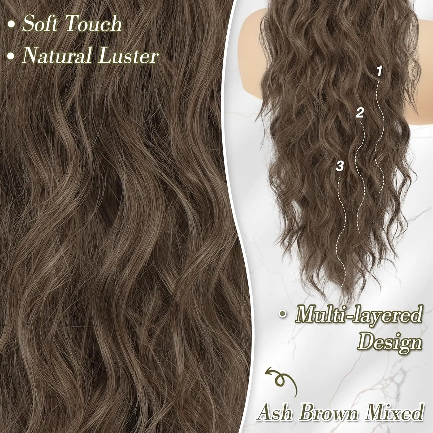 BARSDAR Curly Wavy Drawstring Ponytail Extensions - 26 Inch Long Wavy Brown Ponytail Hair Extensions for Women, Synthetic Clip in Ponytails Hairpieces - Ash Brown Mixed