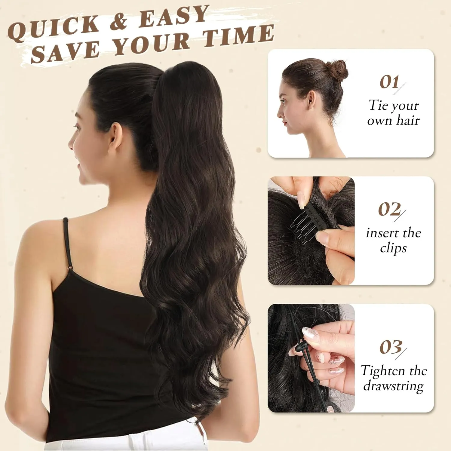 BARSDAR Dark Brown Wavy Hair Extension - 26 Inch Long Drawstring Ponytail for Women - Synthetic Clip-in Pony Tail Hairpiece Daily