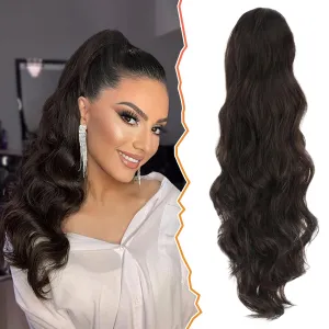 BARSDAR Dark Brown Wavy Hair Extension - 26 Inch Long Drawstring Ponytail for Women - Synthetic Clip-in Pony Tail Hairpiece Daily