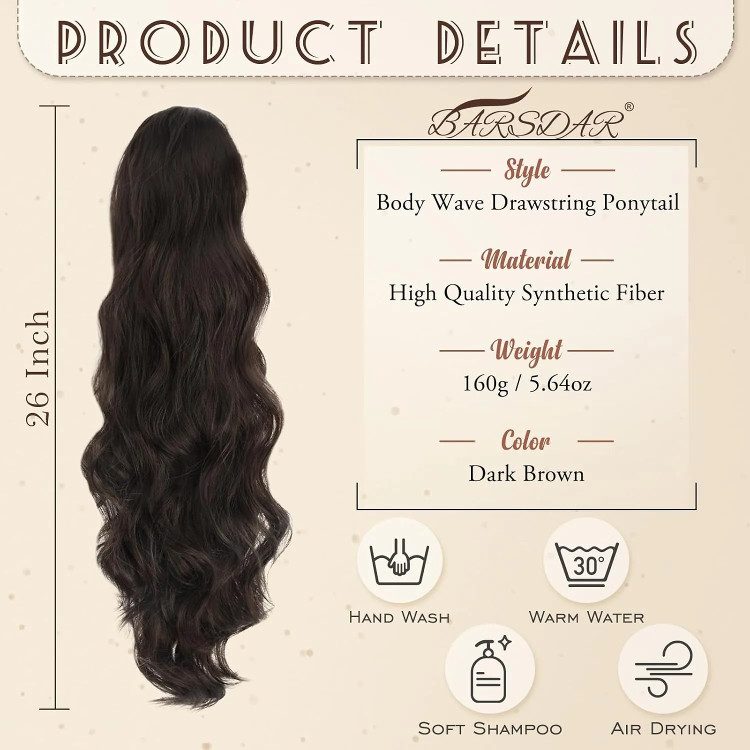 BARSDAR Dark Brown Wavy Hair Extension - 26 Inch Long Drawstring Ponytail for Women - Synthetic Clip-in Pony Tail Hairpiece Daily