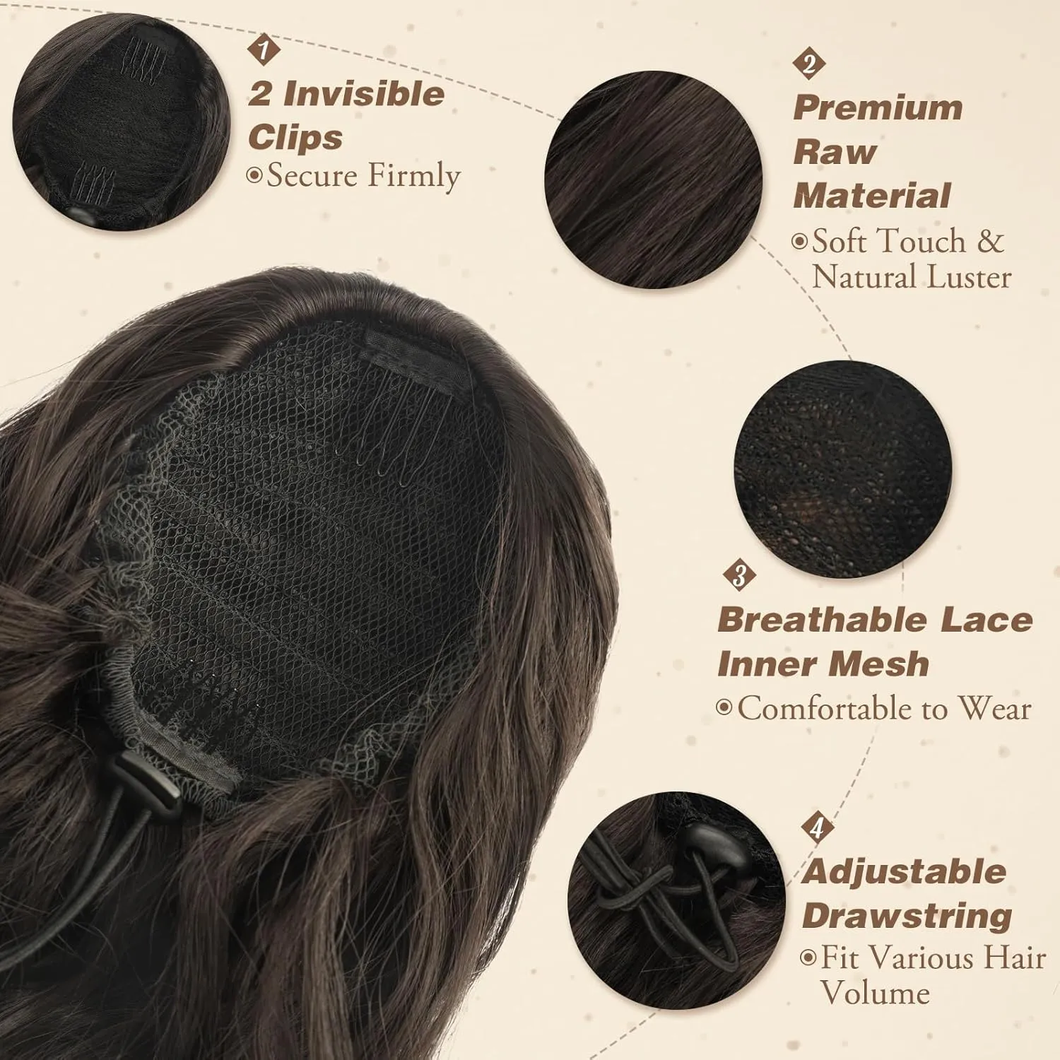 BARSDAR Dark Brown Wavy Hair Extension - 26 Inch Long Drawstring Ponytail for Women - Synthetic Clip-in Pony Tail Hairpiece Daily