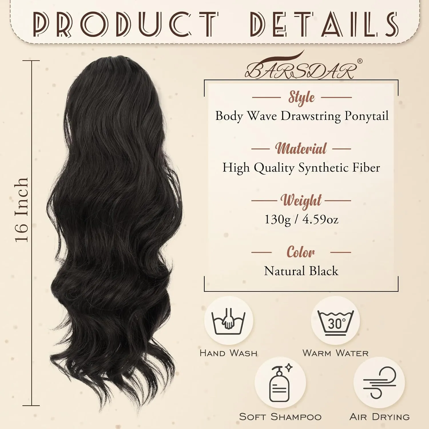 BARSDAR Drawstring Ponytail Extension, 16 Inch Black Brown Short Wavy Ponytail Hair Extensions for Women Soft Synthetic Clip in Pony Tails Hirpieces Daily Party Halloween- Black Brown