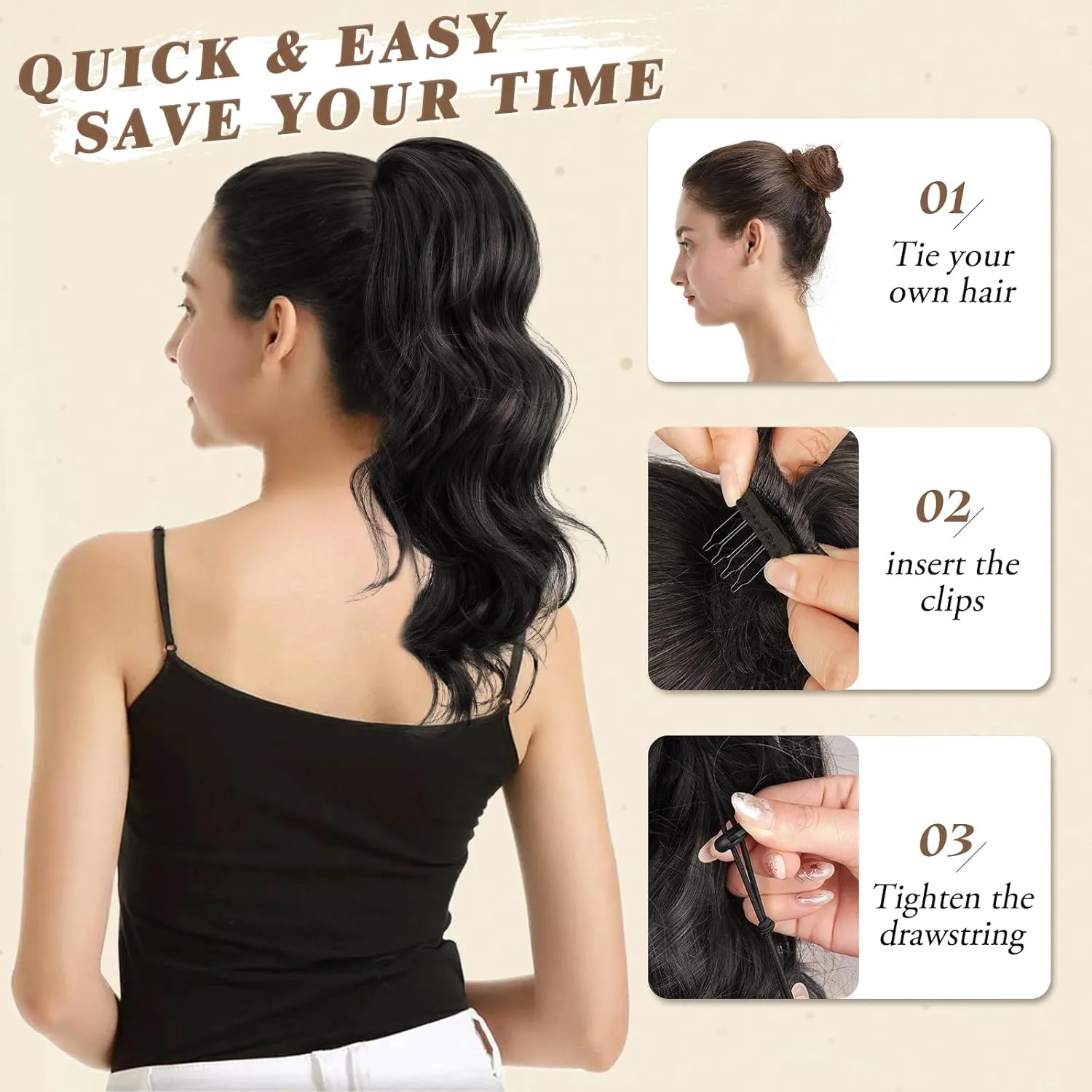 BARSDAR Drawstring Ponytail Extension, 16 Inch Black Brown Short Wavy Ponytail Hair Extensions for Women Soft Synthetic Clip in Pony Tails Hirpieces Daily Party Halloween- Black Brown