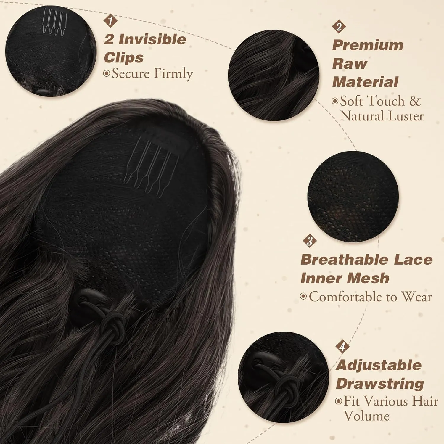 BARSDAR Drawstring Ponytail Extension, 16 Inch Black Brown Short Wavy Ponytail Hair Extensions for Women Soft Synthetic Clip in Pony Tails Hirpieces Daily Party Halloween- Black Brown