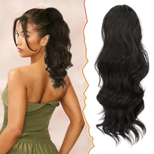 BARSDAR Drawstring Ponytail Extension, 16 Inch Black Brown Short Wavy Ponytail Hair Extensions for Women Soft Synthetic Clip in Pony Tails Hirpieces Daily Party Halloween- Black Brown