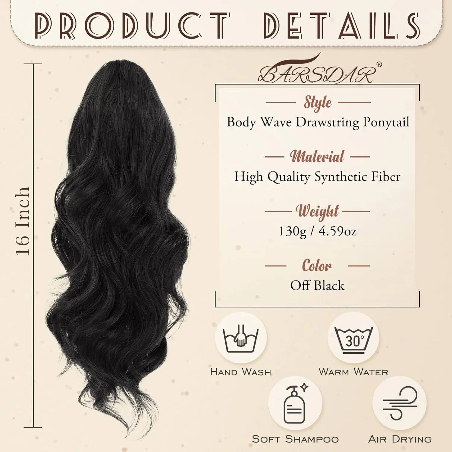 BARSDAR Drawstring Ponytail Extension, 16 Inch Short Wavy Black Hair Extensions for Women - Soft Synthetic Clip in Hairpiece, Fake Pony Tail for Daily Party Halloween