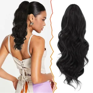BARSDAR Drawstring Ponytail Extension, 16 Inch Short Wavy Black Hair Extensions for Women - Soft Synthetic Clip in Hairpiece, Fake Pony Tail for Daily Party Halloween