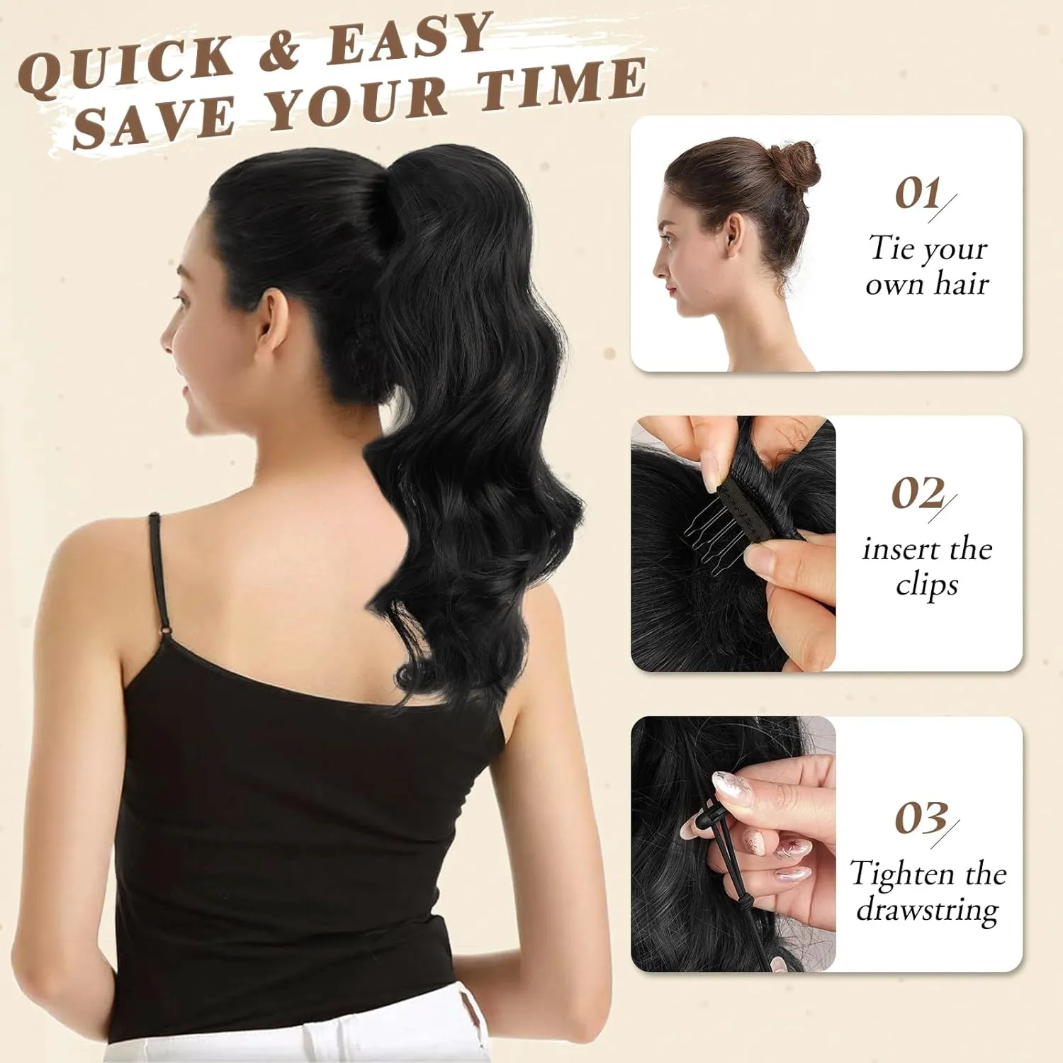 BARSDAR Drawstring Ponytail Extension, 16 Inch Short Wavy Black Hair Extensions for Women - Soft Synthetic Clip in Hairpiece, Fake Pony Tail for Daily Party Halloween