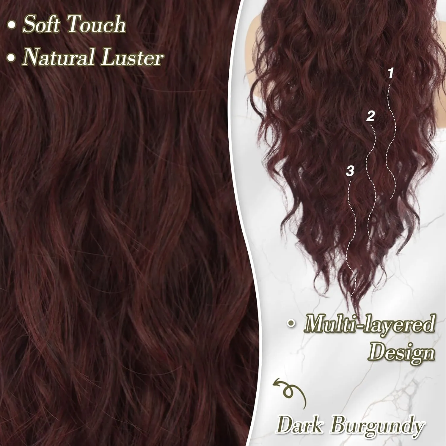 BARSDAR Drawstring Ponytail Extension - 26 Inch Long Curly Wavy Burgundy Ponytail Hair Extensions for Women - Drawstring Synthetic Clip in Ponytail Hairpieces Fake Pony Tail - Dark Burgundy