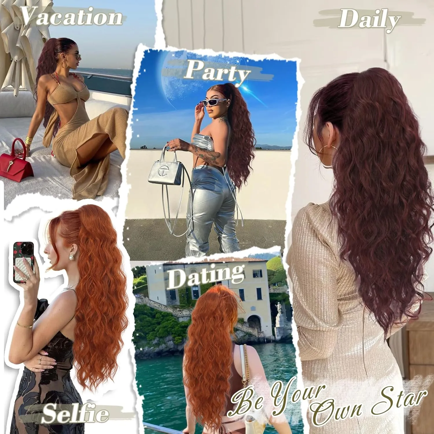 BARSDAR Drawstring Ponytail Extension - 26 Inch Long Curly Wavy Burgundy Ponytail Hair Extensions for Women - Drawstring Synthetic Clip in Ponytail Hairpieces Fake Pony Tail - Dark Burgundy