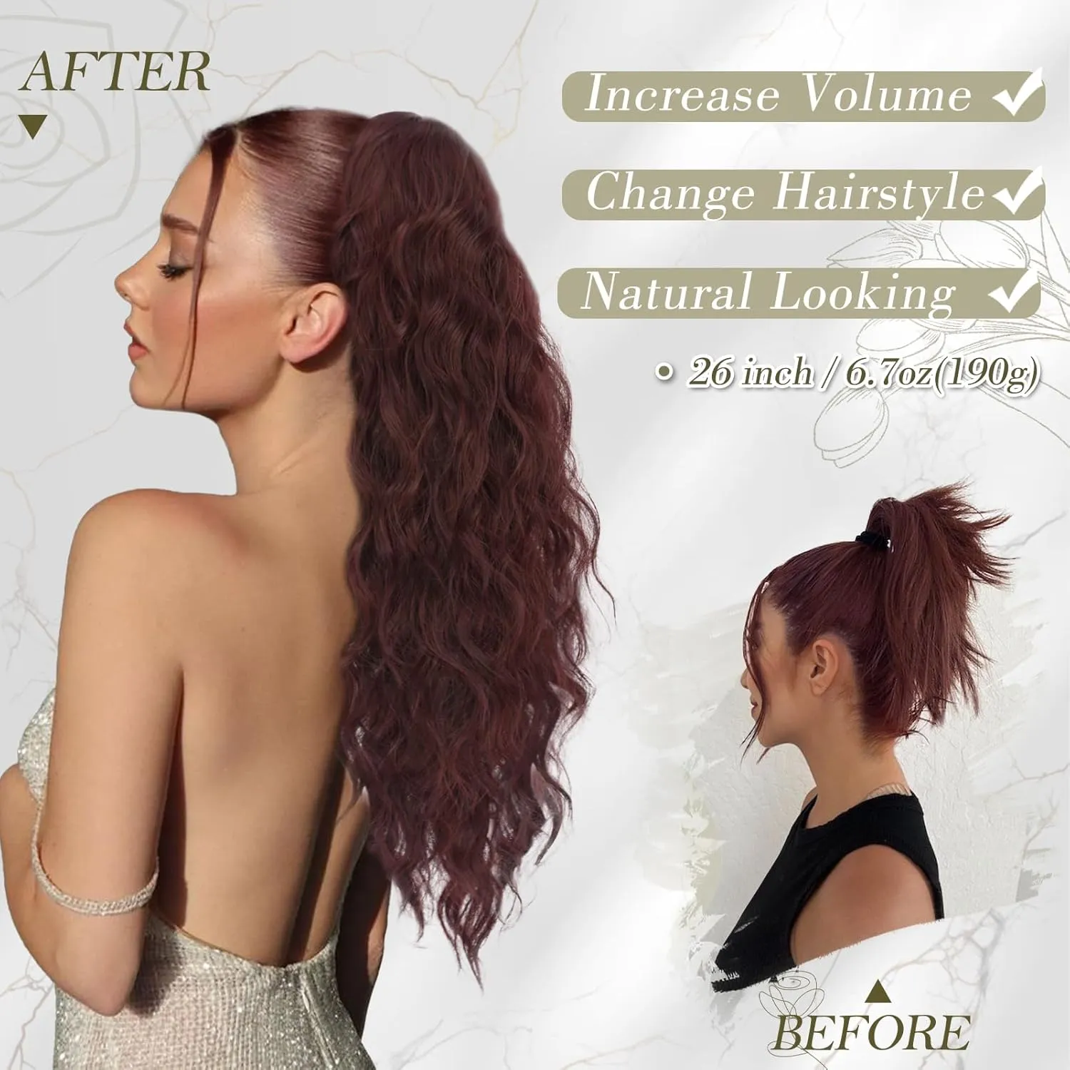 BARSDAR Drawstring Ponytail Extension - 26 Inch Long Curly Wavy Burgundy Ponytail Hair Extensions for Women - Drawstring Synthetic Clip in Ponytail Hairpieces Fake Pony Tail - Dark Burgundy