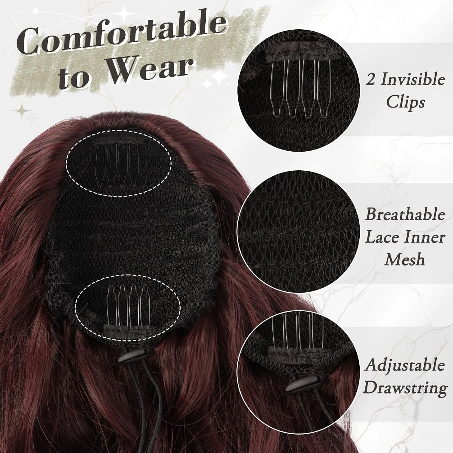 BARSDAR Drawstring Ponytail Extension - 26 Inch Long Curly Wavy Burgundy Ponytail Hair Extensions for Women - Drawstring Synthetic Clip in Ponytail Hairpieces Fake Pony Tail - Dark Burgundy