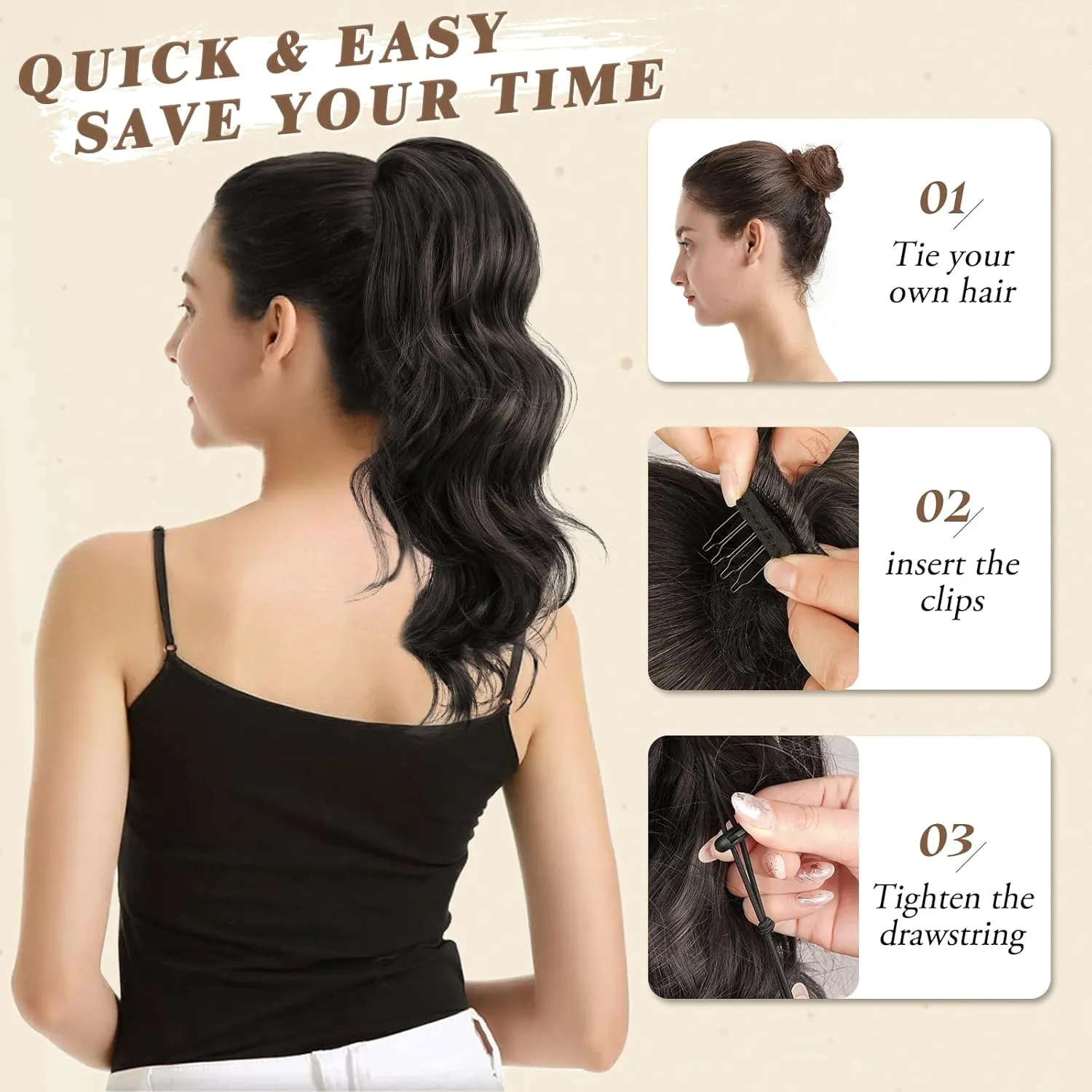 BARSDAR Ponytail Extension - 16 Inch Drawstring Ponytail Extensions Short Wavy Dark Brown Ponytail Hair Extensions Synthetic Clip in Pony Tail Hairpieces for Women Daily - Dark Brown