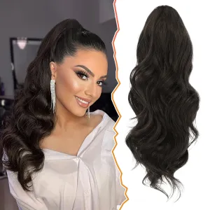 BARSDAR Ponytail Extension - 16 Inch Drawstring Ponytail Extensions Short Wavy Dark Brown Ponytail Hair Extensions Synthetic Clip in Pony Tail Hairpieces for Women Daily - Dark Brown