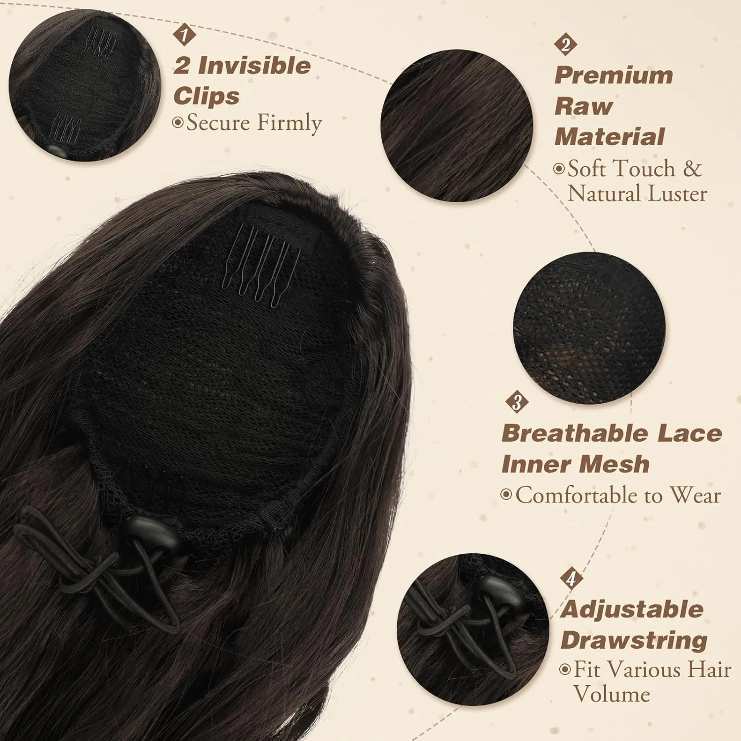 BARSDAR Ponytail Extension - 16 Inch Drawstring Ponytail Extensions Short Wavy Dark Brown Ponytail Hair Extensions Synthetic Clip in Pony Tail Hairpieces for Women Daily - Dark Brown
