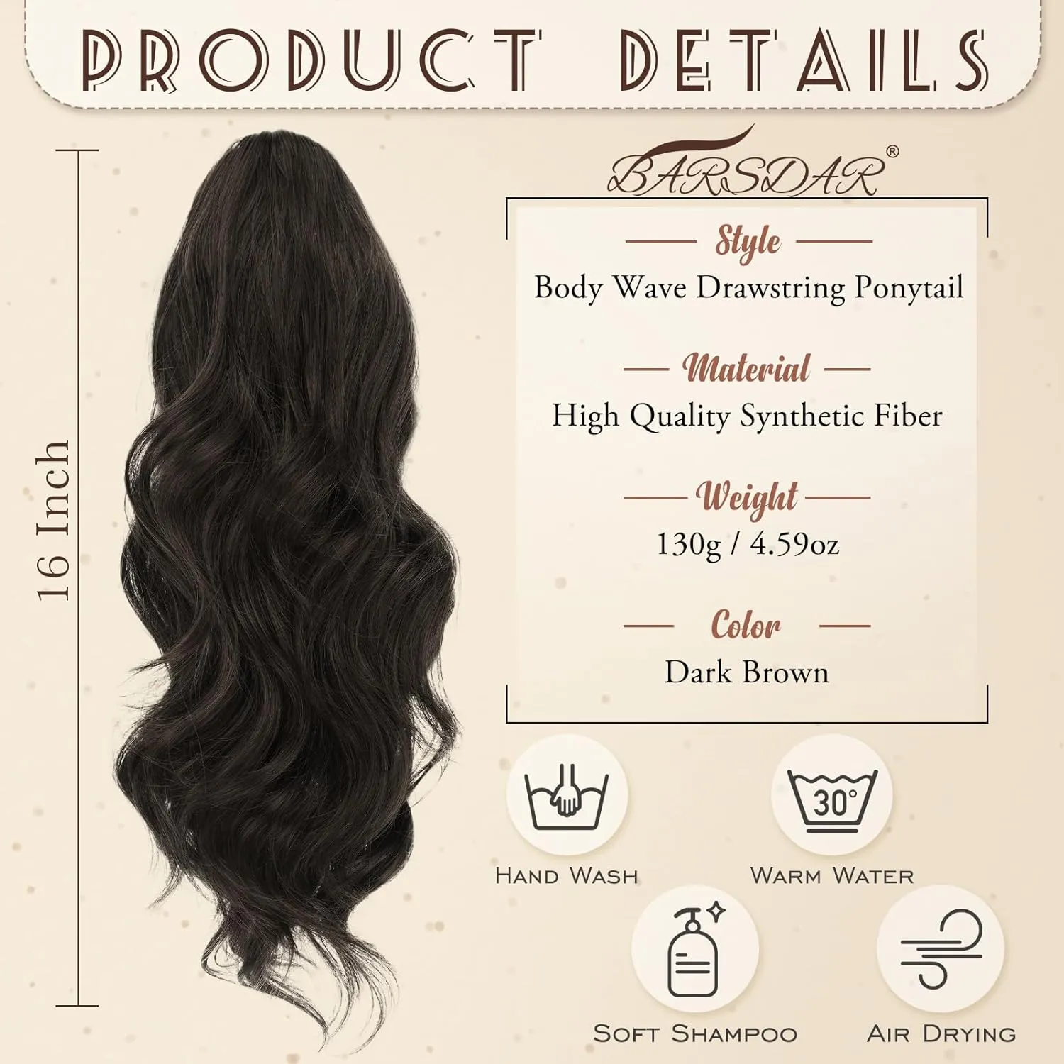BARSDAR Ponytail Extension - 16 Inch Drawstring Ponytail Extensions Short Wavy Dark Brown Ponytail Hair Extensions Synthetic Clip in Pony Tail Hairpieces for Women Daily - Dark Brown