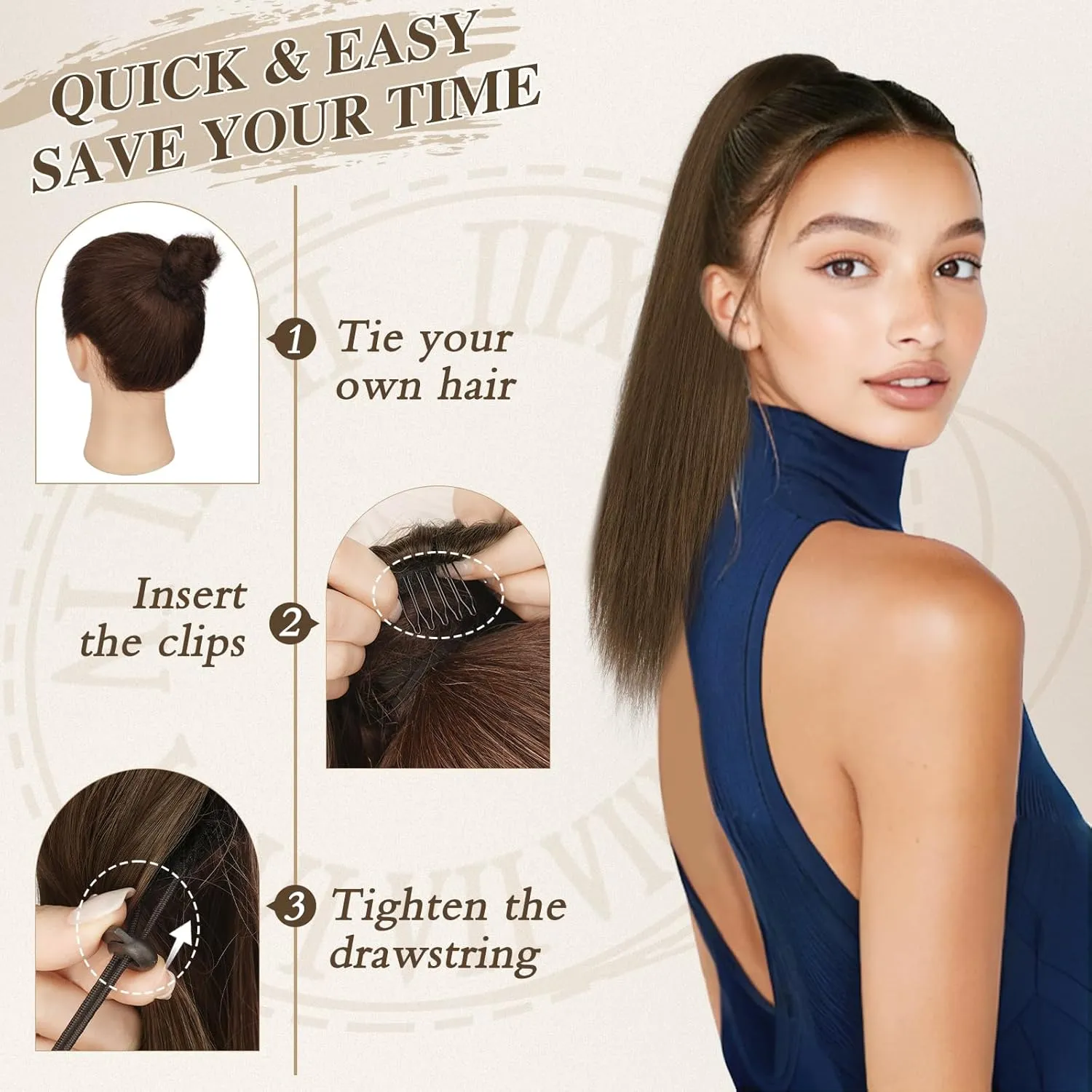 BARSDAR Ponytail Extension - 16 Inch Short Straight Drawstring Ponytail Hair Extensions for Women, Soft Synthetic Clip in Pony Tails Hairpieces Fake Ponytail Daily - Chocolate Brown Mixed