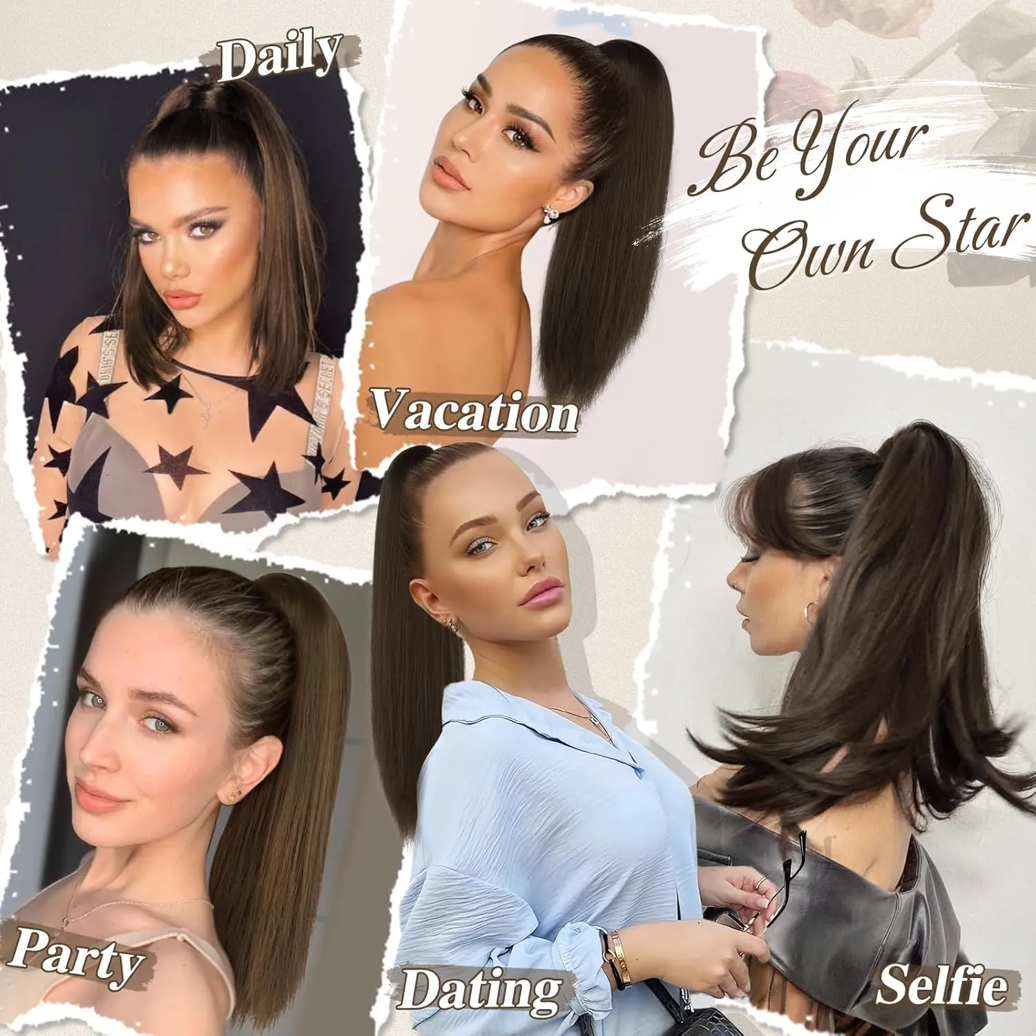 BARSDAR Ponytail Extension - 16 Inch Short Straight Drawstring Ponytail Hair Extensions for Women, Soft Synthetic Clip in Pony Tails Hairpieces Fake Ponytail Daily - Chocolate Brown Mixed