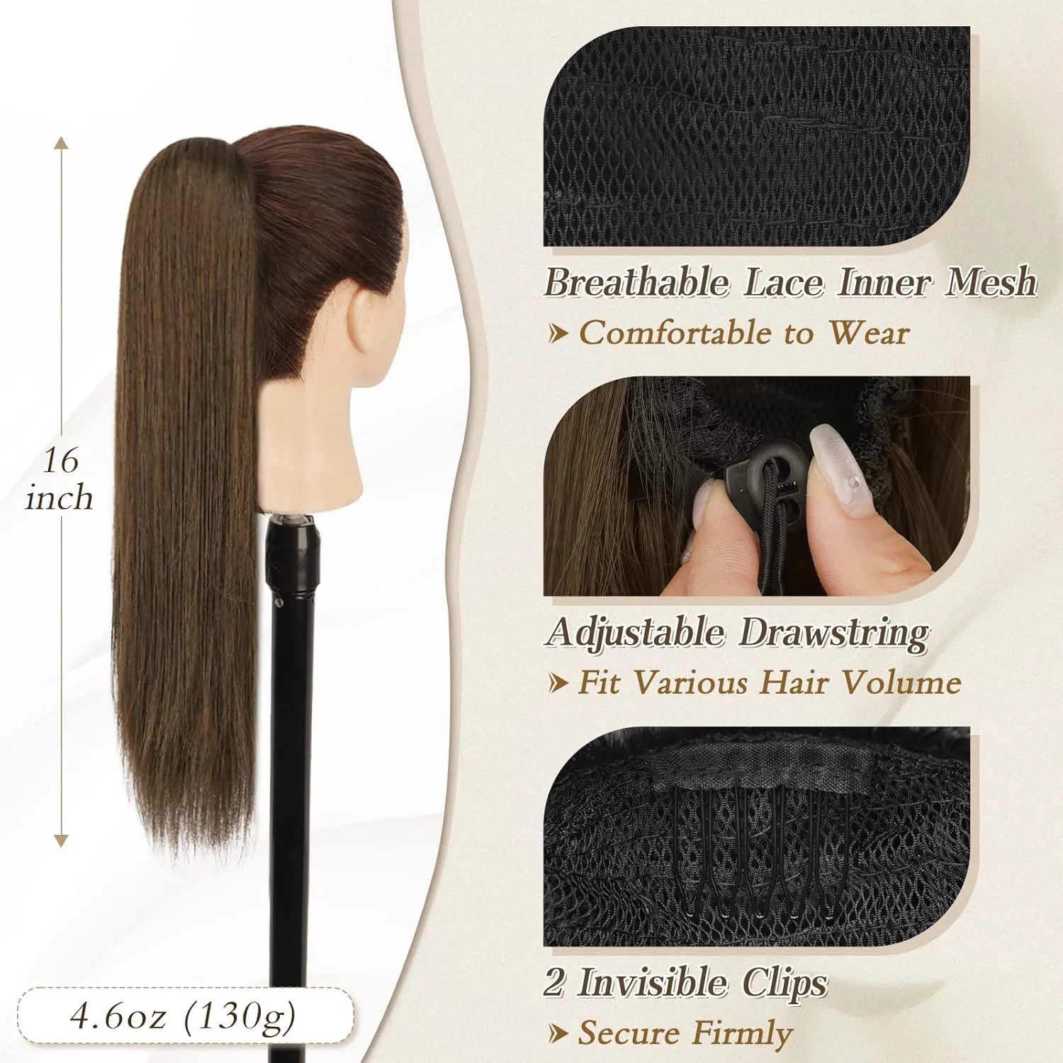 BARSDAR Ponytail Extension - 16 Inch Short Straight Drawstring Ponytail Hair Extensions for Women, Soft Synthetic Clip in Pony Tails Hairpieces Fake Ponytail Daily - Chocolate Brown Mixed