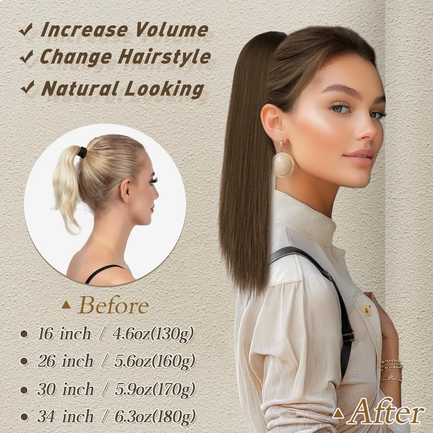 BARSDAR Ponytail Extension - 16 Inch Short Straight Drawstring Ponytail Hair Extensions for Women, Soft Synthetic Clip in Pony Tails Hairpieces Fake Ponytail Daily - Chocolate Brown Mixed