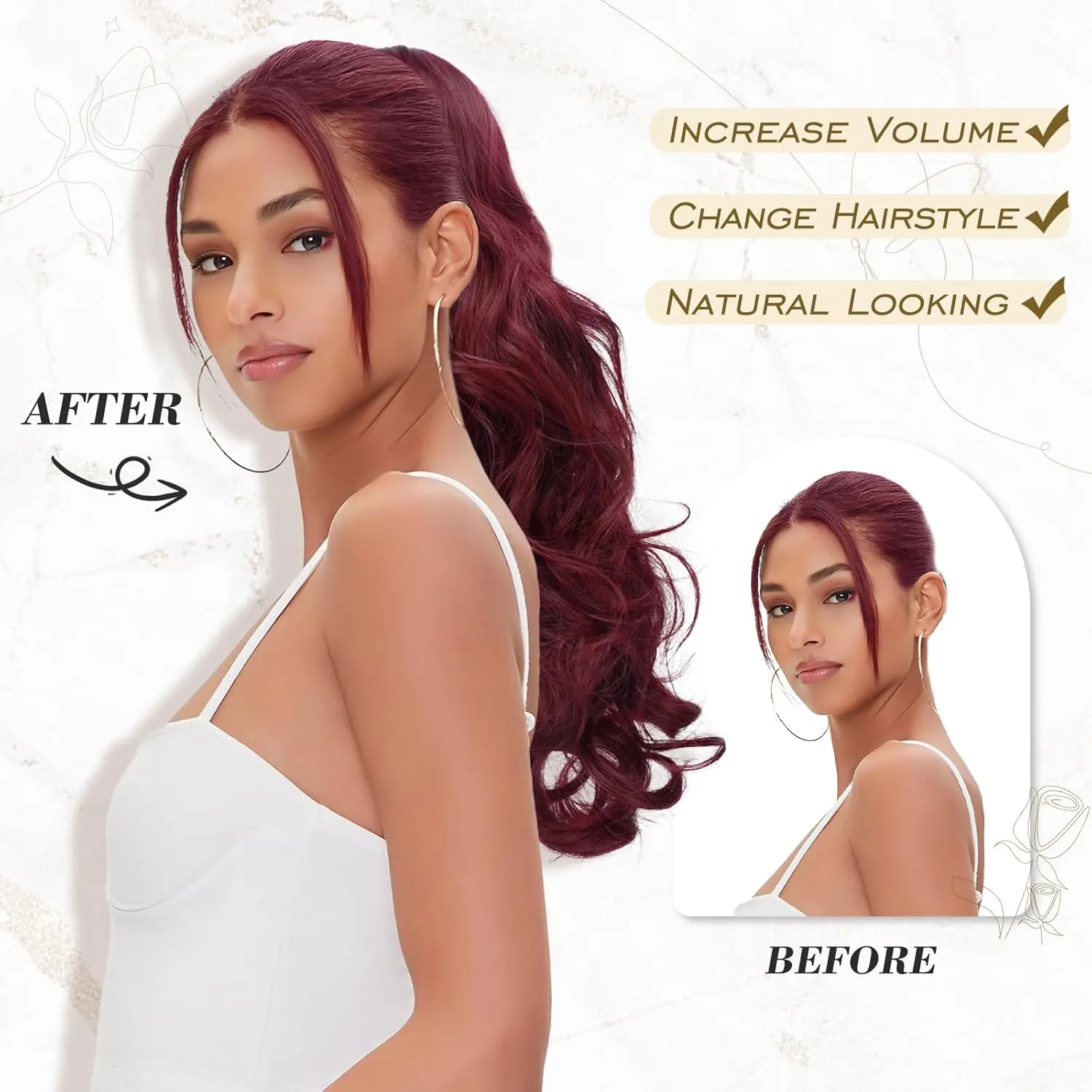 BARSDAR Red Ponytail Extension - 20 Inch Wavy Drawstring Ponytail Hair Extensions for Women - Curly Wavy Synthetic Clip in Fake Pony Tails Hairpieces Daily Party - Burgundy