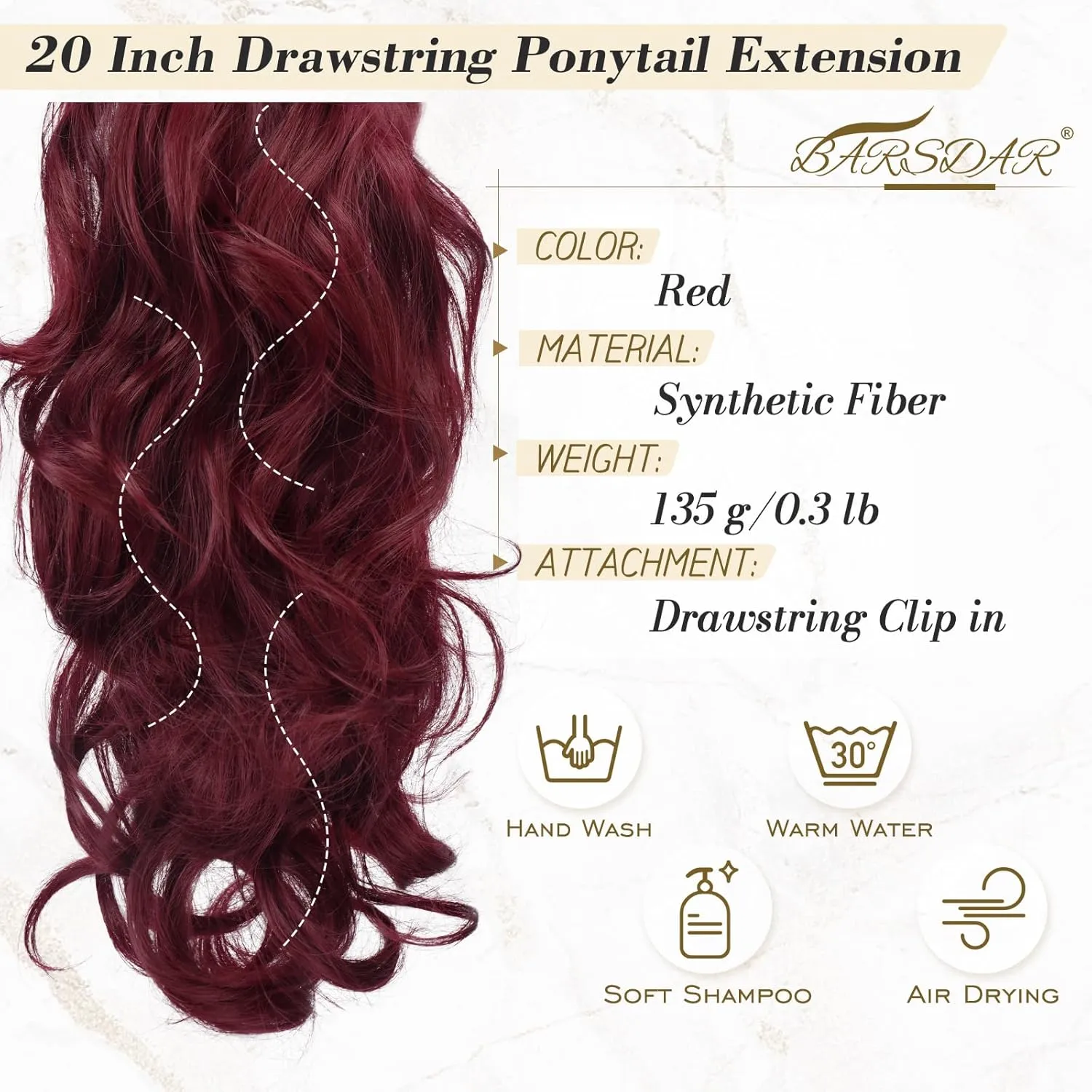 BARSDAR Red Ponytail Extension - 20 Inch Wavy Drawstring Ponytail Hair Extensions for Women - Curly Wavy Synthetic Clip in Fake Pony Tails Hairpieces Daily Party - Burgundy
