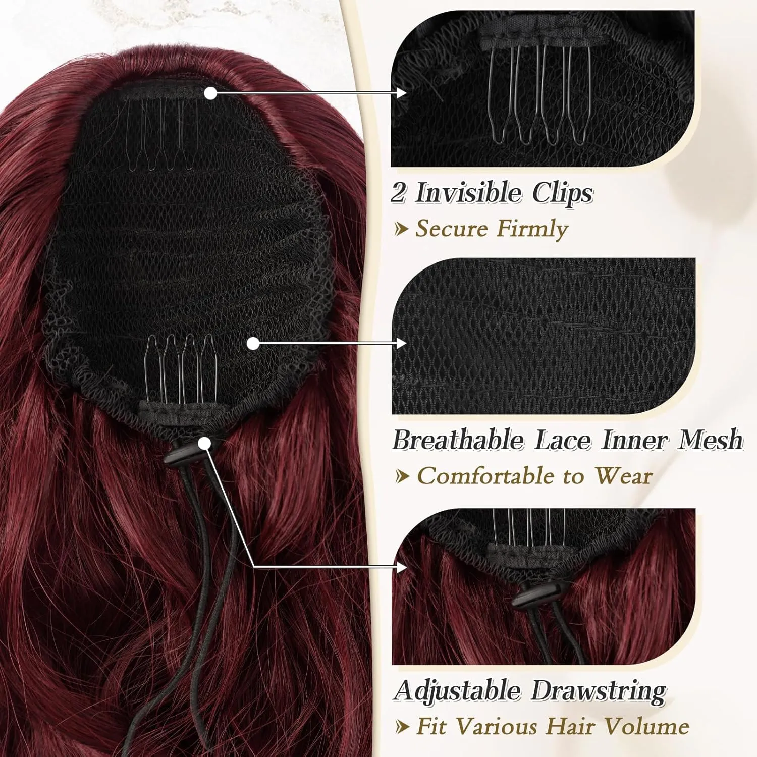 BARSDAR Red Ponytail Extension - 20 Inch Wavy Drawstring Ponytail Hair Extensions for Women - Curly Wavy Synthetic Clip in Fake Pony Tails Hairpieces Daily Party - Burgundy