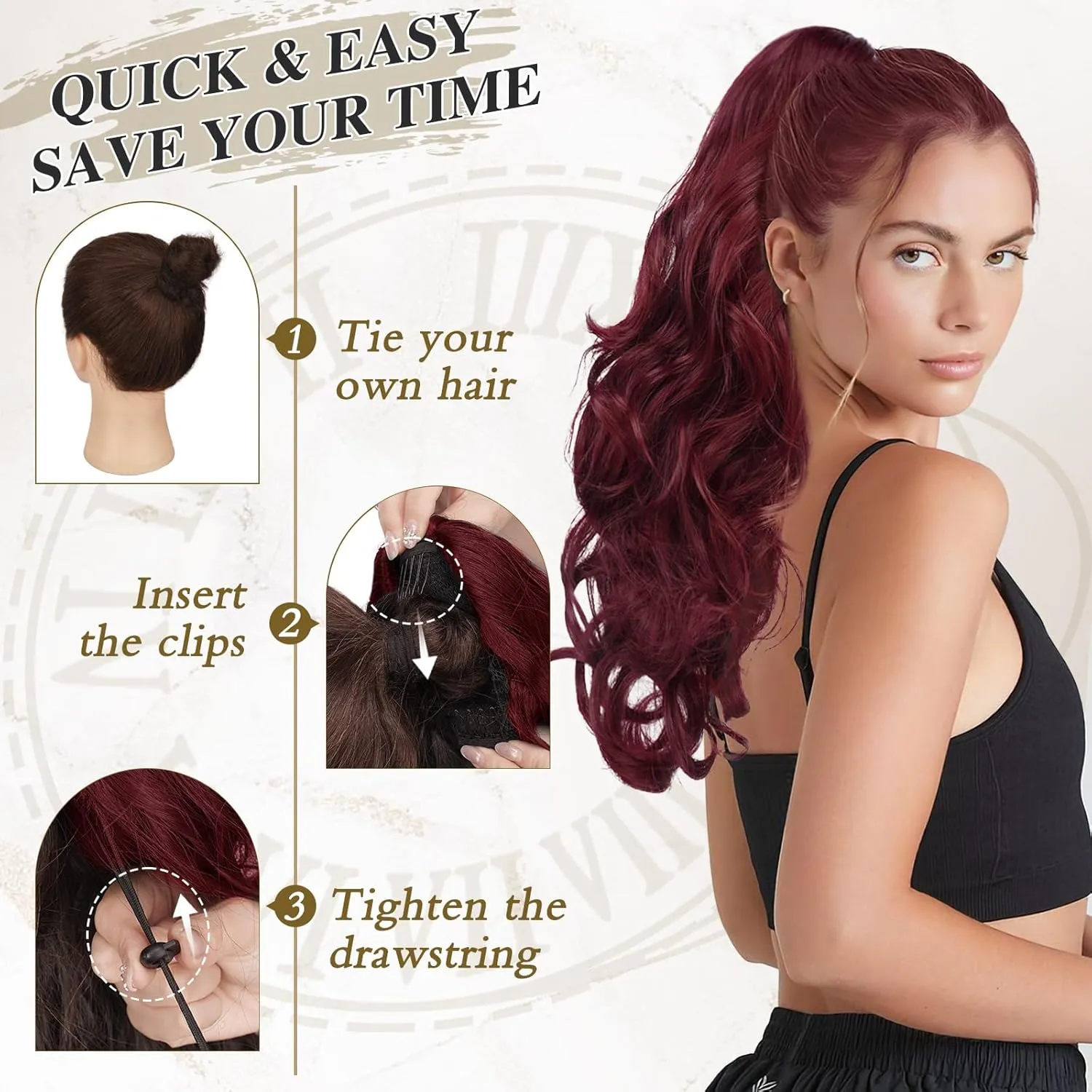 BARSDAR Red Ponytail Extension - 20 Inch Wavy Drawstring Ponytail Hair Extensions for Women - Curly Wavy Synthetic Clip in Fake Pony Tails Hairpieces Daily Party - Burgundy
