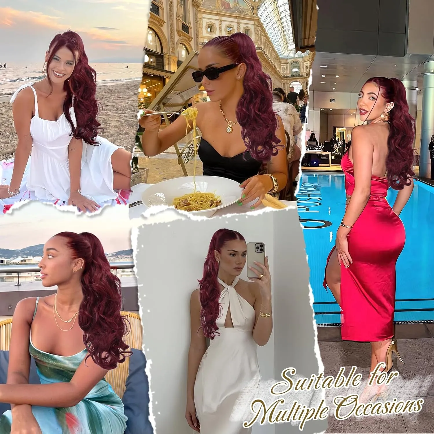 BARSDAR Red Ponytail Extension - 20 Inch Wavy Drawstring Ponytail Hair Extensions for Women - Curly Wavy Synthetic Clip in Fake Pony Tails Hairpieces Daily Party - Burgundy