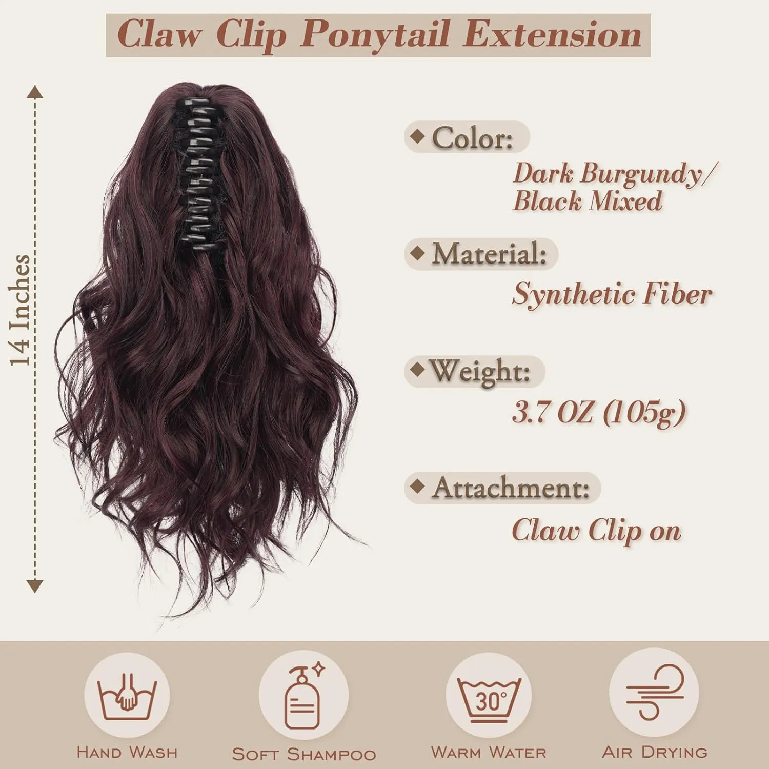 BARSDAR Red Ponytail Extensions - Short Wavy Claw Clip in Ponytail Hair Extensions for Women - 14 Inch Synthetic Claw Clip in Pony Tails Hairpieces - Dark Burgundy