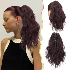 BARSDAR Red Ponytail Extensions - Short Wavy Claw Clip in Ponytail Hair Extensions for Women - 14 Inch Synthetic Claw Clip in Pony Tails Hairpieces - Dark Burgundy