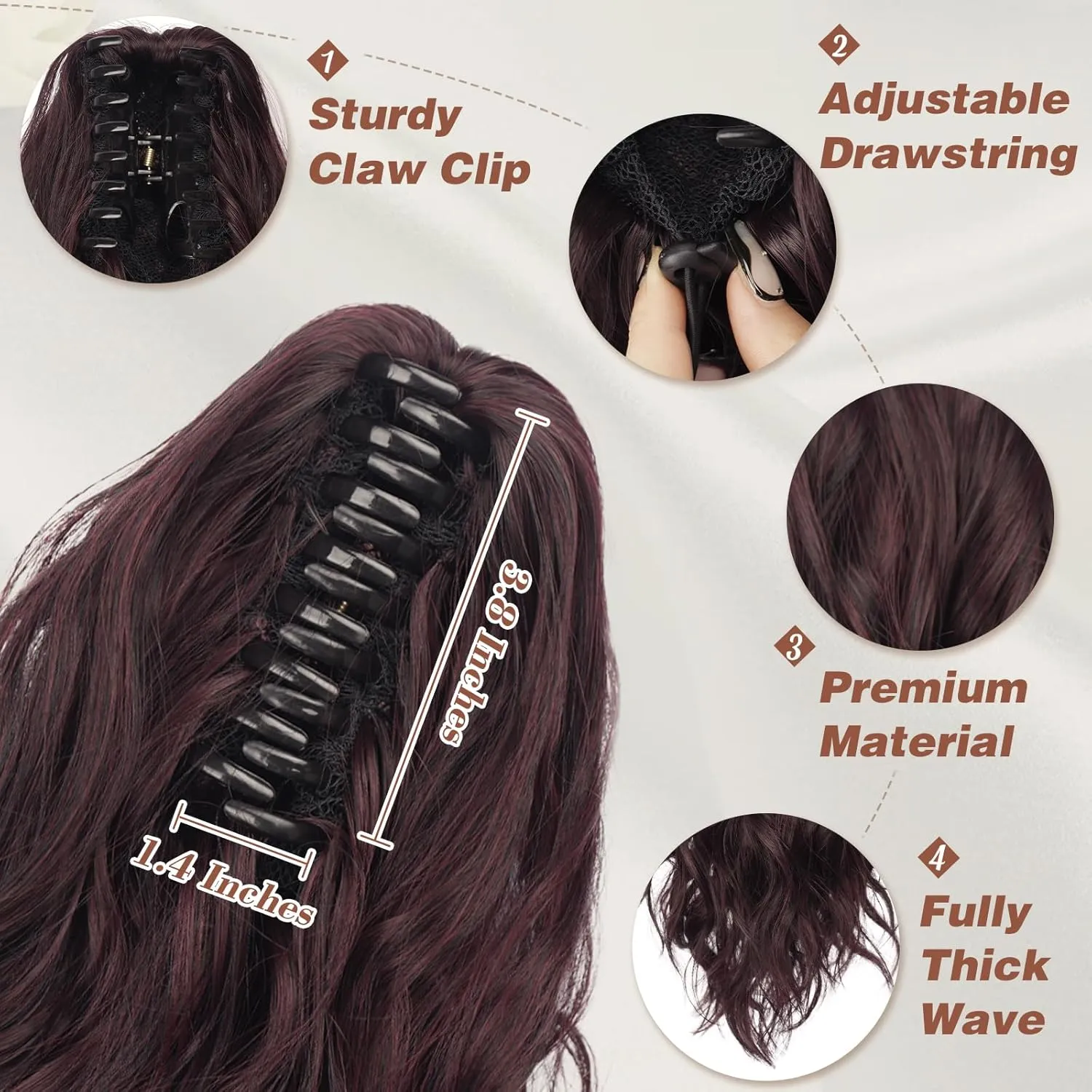 BARSDAR Red Ponytail Extensions - Short Wavy Claw Clip in Ponytail Hair Extensions for Women - 14 Inch Synthetic Claw Clip in Pony Tails Hairpieces - Dark Burgundy