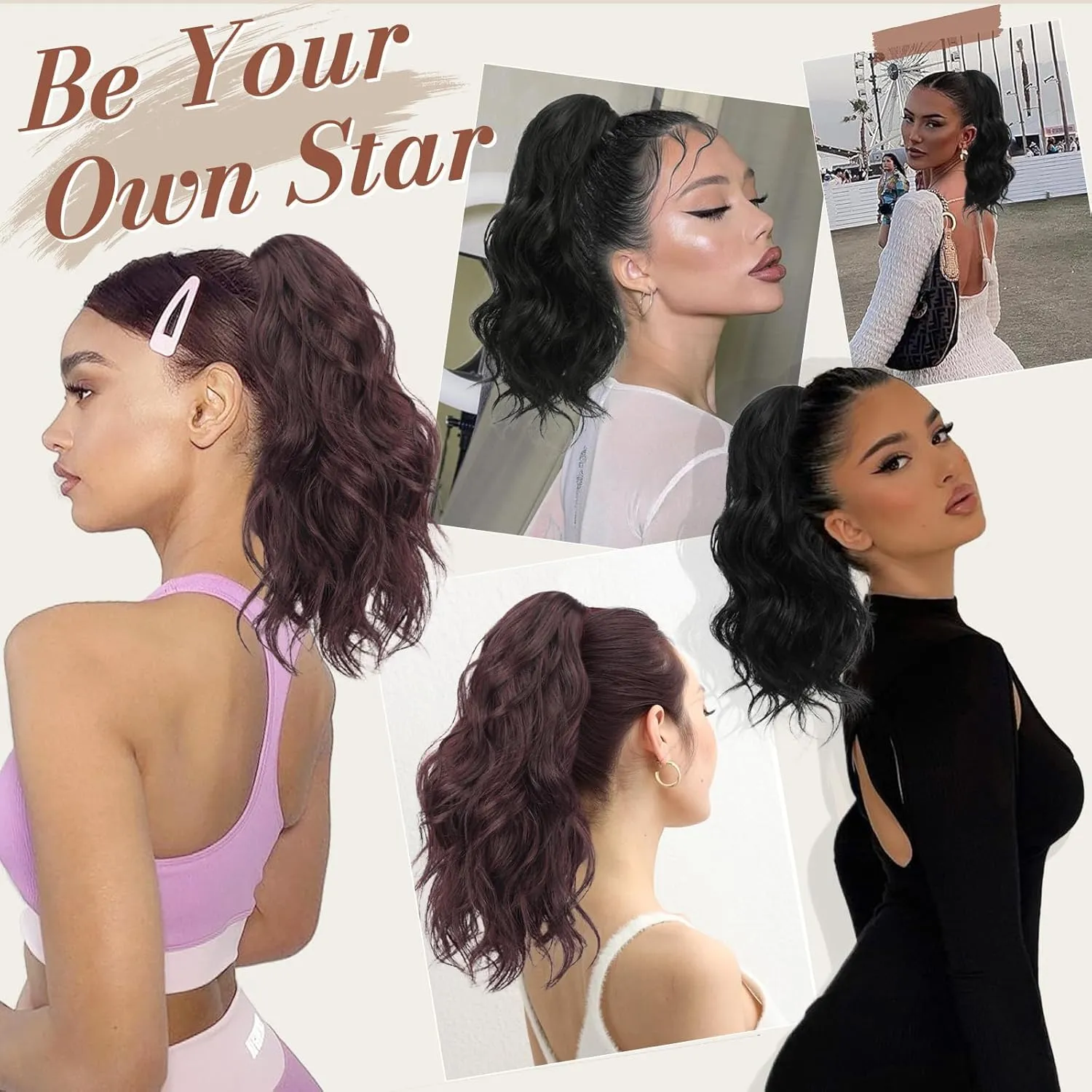 BARSDAR Red Ponytail Extensions - Short Wavy Claw Clip in Ponytail Hair Extensions for Women - 14 Inch Synthetic Claw Clip in Pony Tails Hairpieces - Dark Burgundy