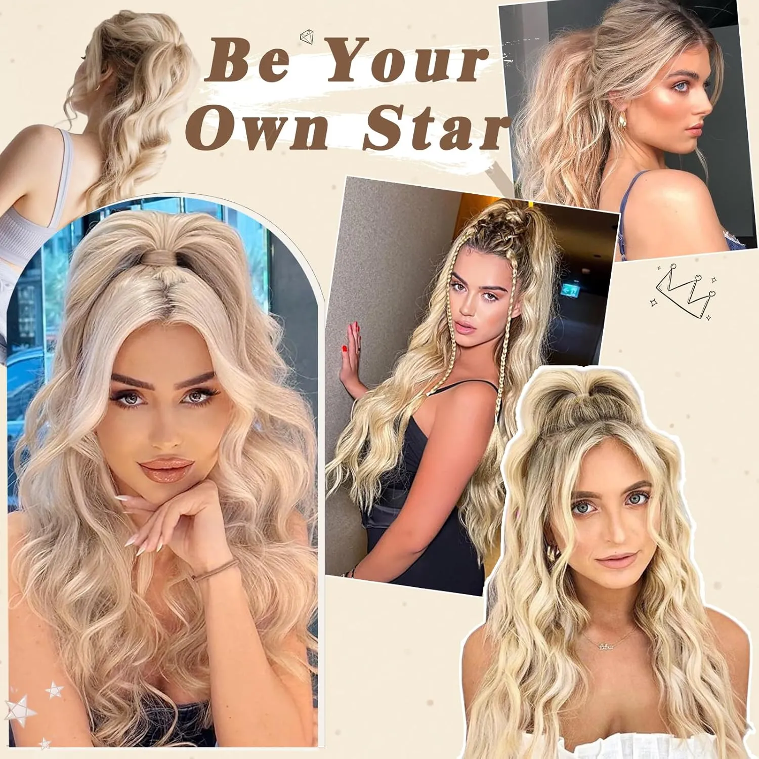 BARSDAR Short Wavy Drawstring Ponytail - 16 Inch Synthetic Clip in Hair Extensions - Ash Brown Mixed