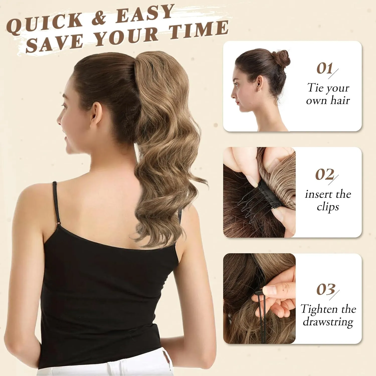 BARSDAR Short Wavy Drawstring Ponytail - 16 Inch Synthetic Clip in Hair Extensions - Ash Brown Mixed
