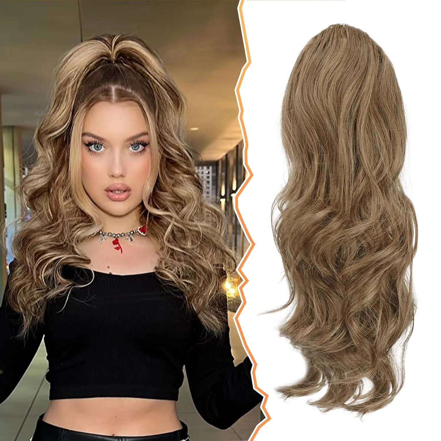 BARSDAR Short Wavy Drawstring Ponytail - 16 Inch Synthetic Clip in Hair Extensions - Ash Brown Mixed