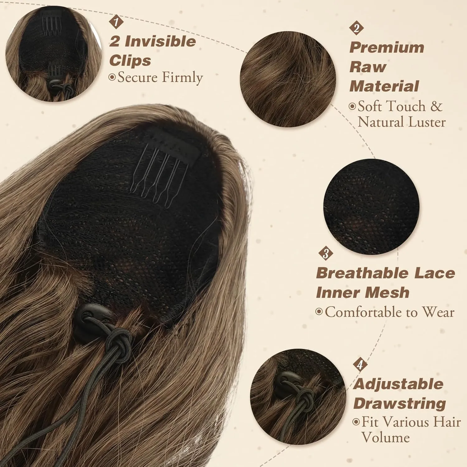 BARSDAR Short Wavy Drawstring Ponytail - 16 Inch Synthetic Clip in Hair Extensions - Ash Brown Mixed