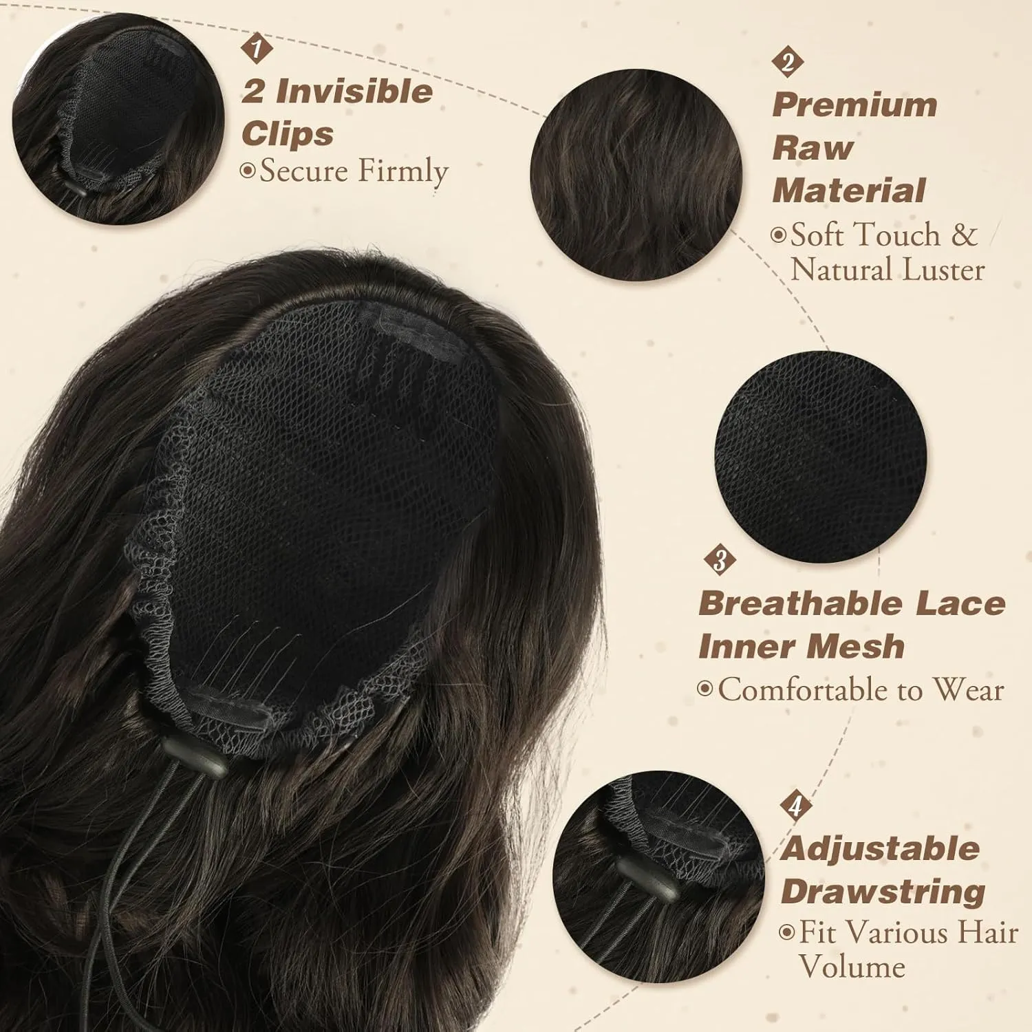 BARSDAR Wavy Drawstring Ponytail Extension - 26 Inch Black Brown Wavy Ponytail Hair Extensions for Women - Soft Synthetic Clip in Pony Tails Hirpieces Daily - Black Brown