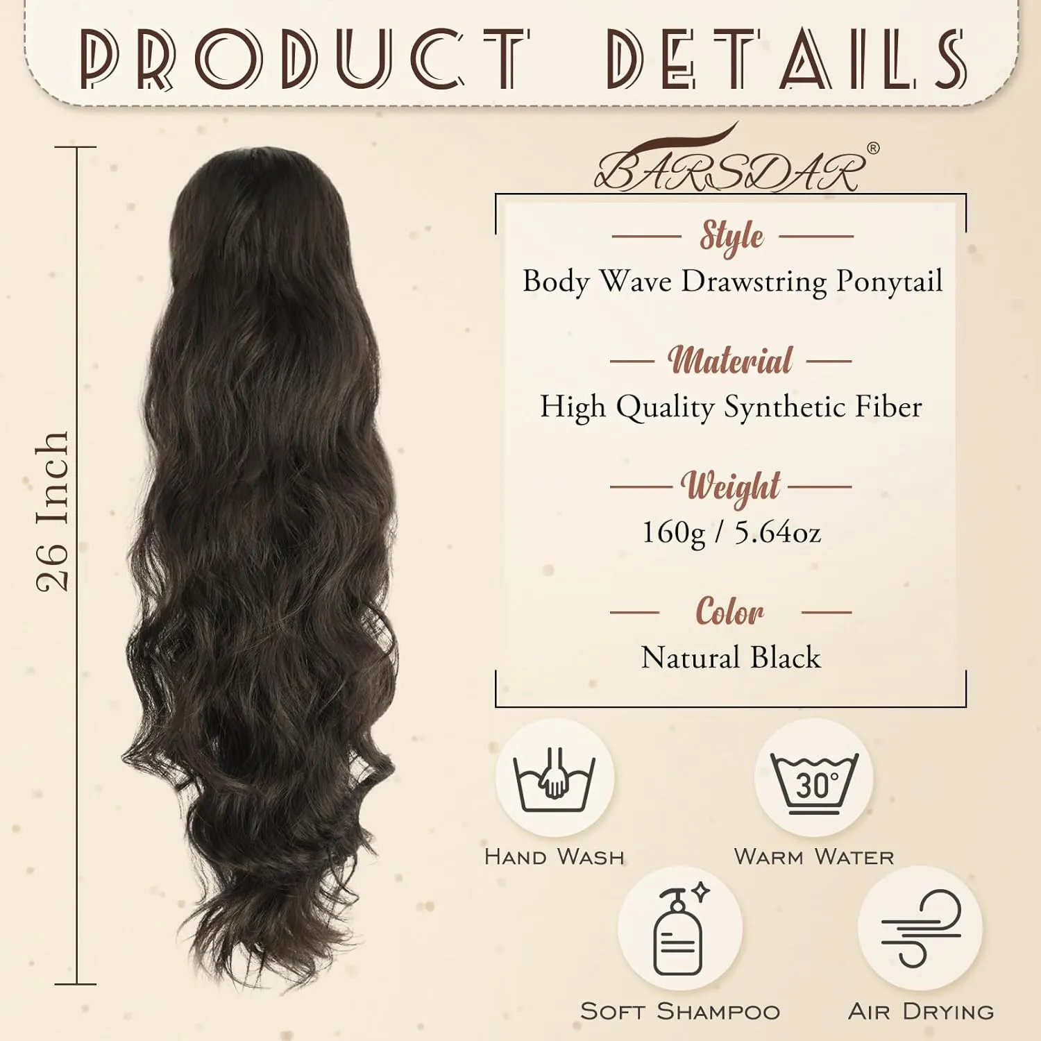 BARSDAR Wavy Drawstring Ponytail Extension - 26 Inch Black Brown Wavy Ponytail Hair Extensions for Women - Soft Synthetic Clip in Pony Tails Hirpieces Daily - Black Brown
