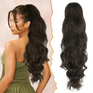 BARSDAR Wavy Drawstring Ponytail Extension - 26 Inch Black Brown Wavy Ponytail Hair Extensions for Women - Soft Synthetic Clip in Pony Tails Hirpieces Daily - Black Brown