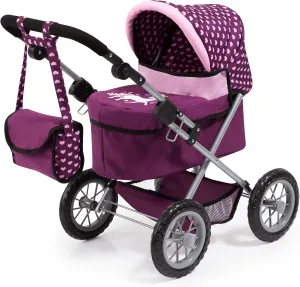 Bayer Design Dolls: Trendy Pram - Burgundy, Pink, Hearts - Includes Shoulder Bag, Fits Dolls Up to 18", Adjustable Handle, Kids Pretend Play, Shopping Basket, Easy to Fold, Ages 3 
