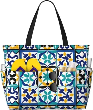 Beach Bag for Women, Waterproof Sandproof Beach Pool Travel Duffel Bags with 7 Pockets, Large Capacity Shoulder Tote Bag for Gym Travel Vacation Essential, Mexican Ceramic Tile Flowers