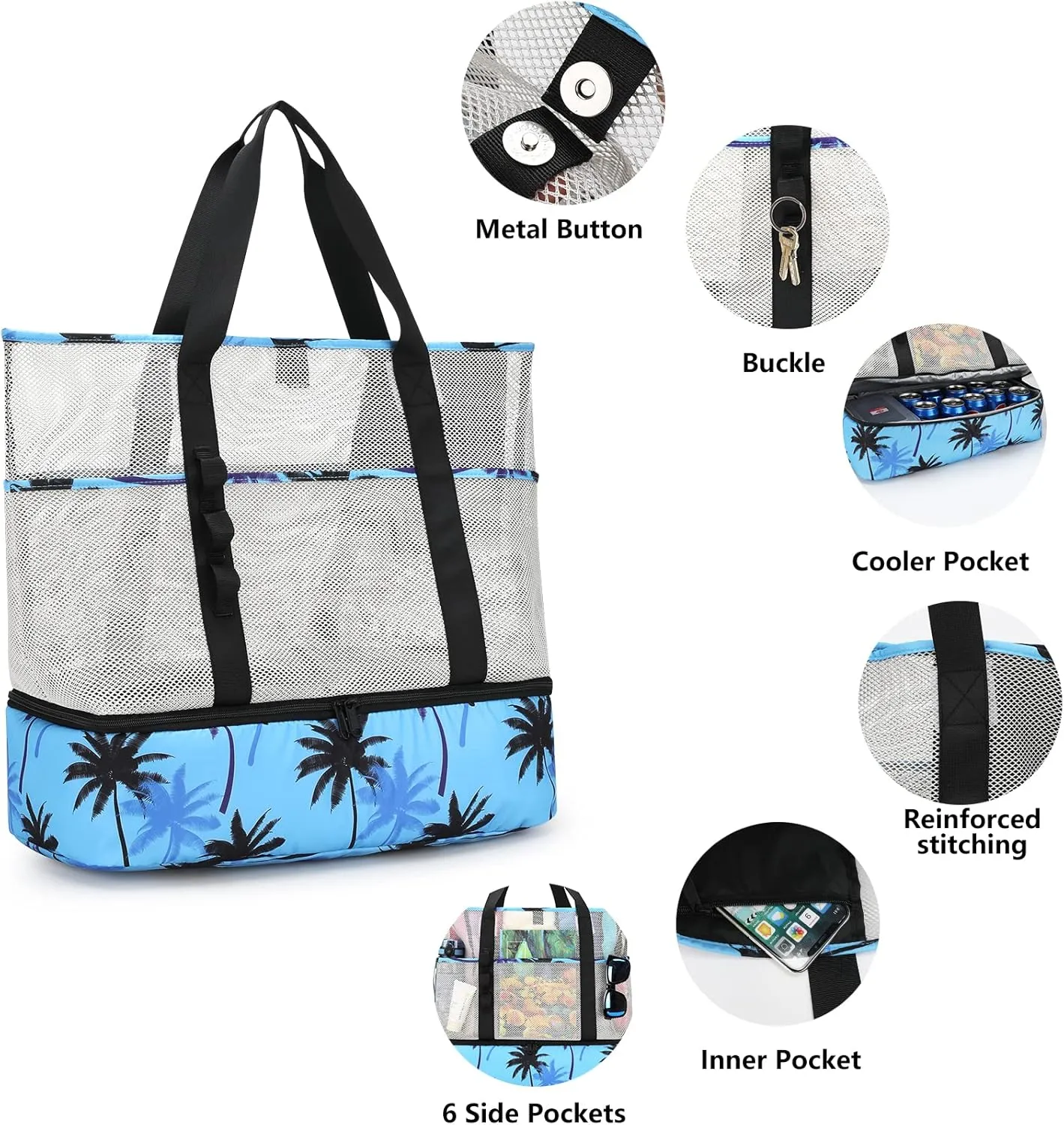 Beach Bag with Cooler,Mesh Beach Bags for Women Sandproof for Pool and Swimming Travel Daily with Durable 8 Pocket