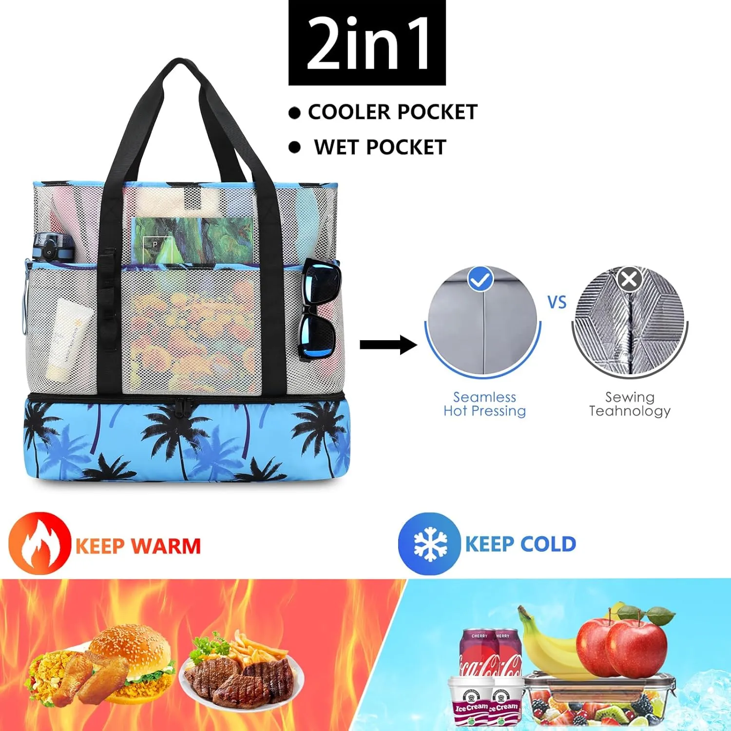 Beach Bag with Cooler,Mesh Beach Bags for Women Sandproof for Pool and Swimming Travel Daily with Durable 8 Pocket