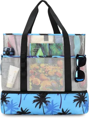 Beach Bag with Cooler,Mesh Beach Bags for Women Sandproof for Pool and Swimming Travel Daily with Durable 8 Pocket